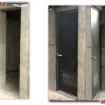 This was a unique install. the walls had been poured too wide for a standard door and frame. In addition to being too wide the opening was narrower at the bottom. The solution was a custom frame and a stock size door.
