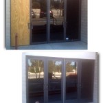 This customer needed a complete store front overhaul to include doors, header, and panic hardware. This job also features tinted glass and medium style doors for a more robust opening.